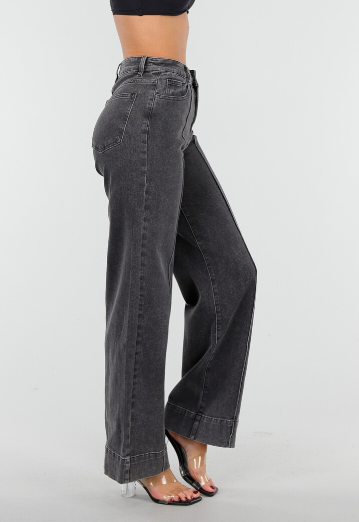 Grijze Wide Leg Jeans met Stretch en Verticale Naden
