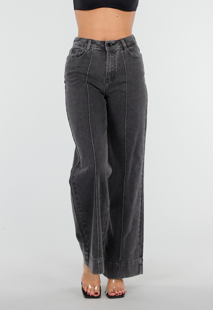 Grijze Wide Leg Jeans met Stretch en Verticale Naden
