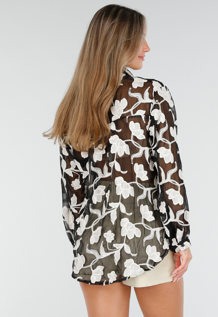 Zwarte Doorschijnende Blouse met Beige Bloemenborduursel en Lange Mouwen
