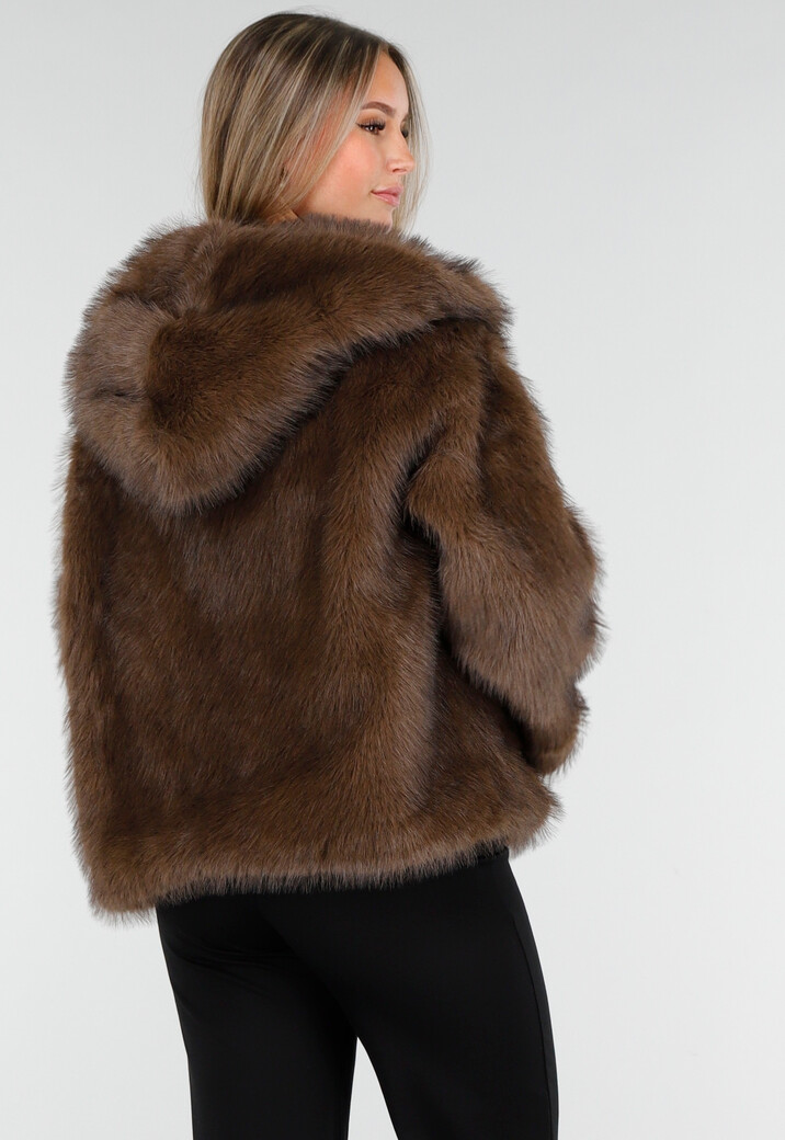 Bruine Faux Fur Jas met Capuchon