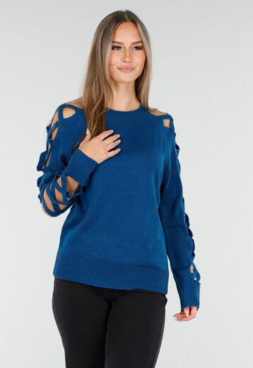 Petrol Trui met Opengewerkte Mouwen