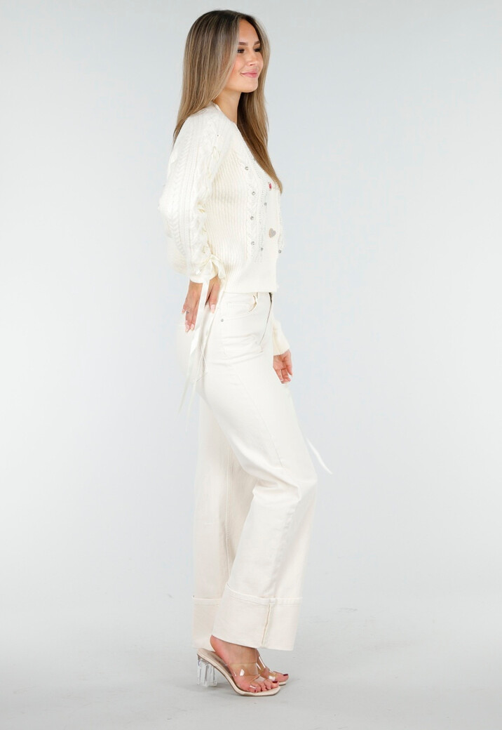 Crèmekleurig Gebreid Vest met Parel en Strikdetails