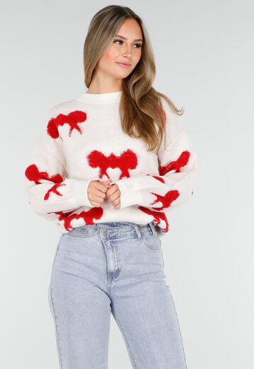 Witte Trui met Rode Strikpatronen