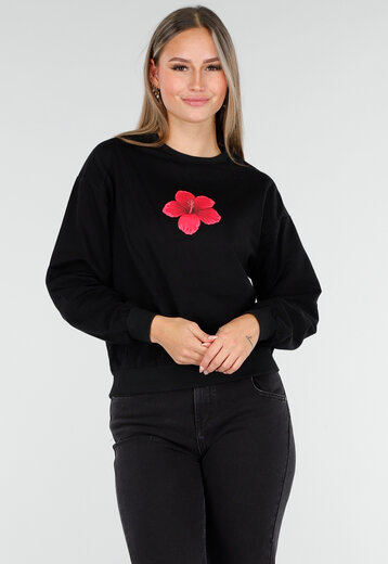 Zwarte Sweater met Roze Hibiscus