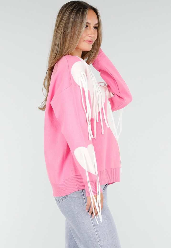 Roze Trui met Witte Hartprint en Franjes