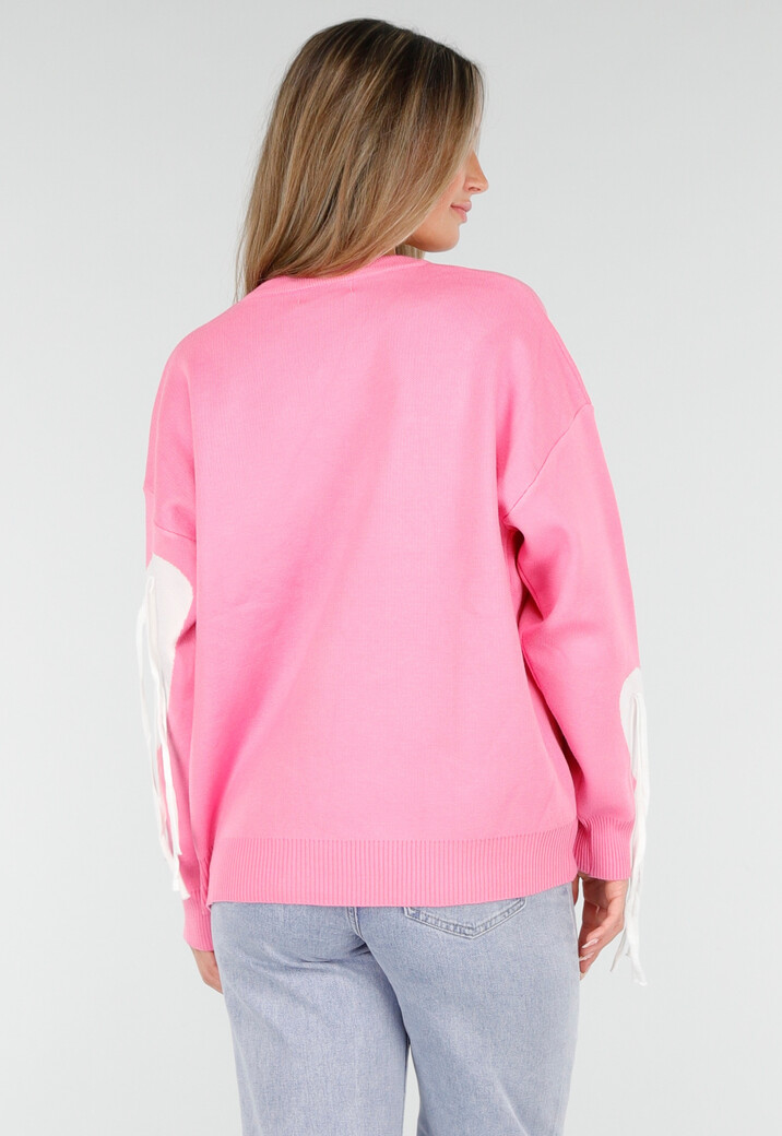 Roze Trui met Witte Hartprint en Franjes