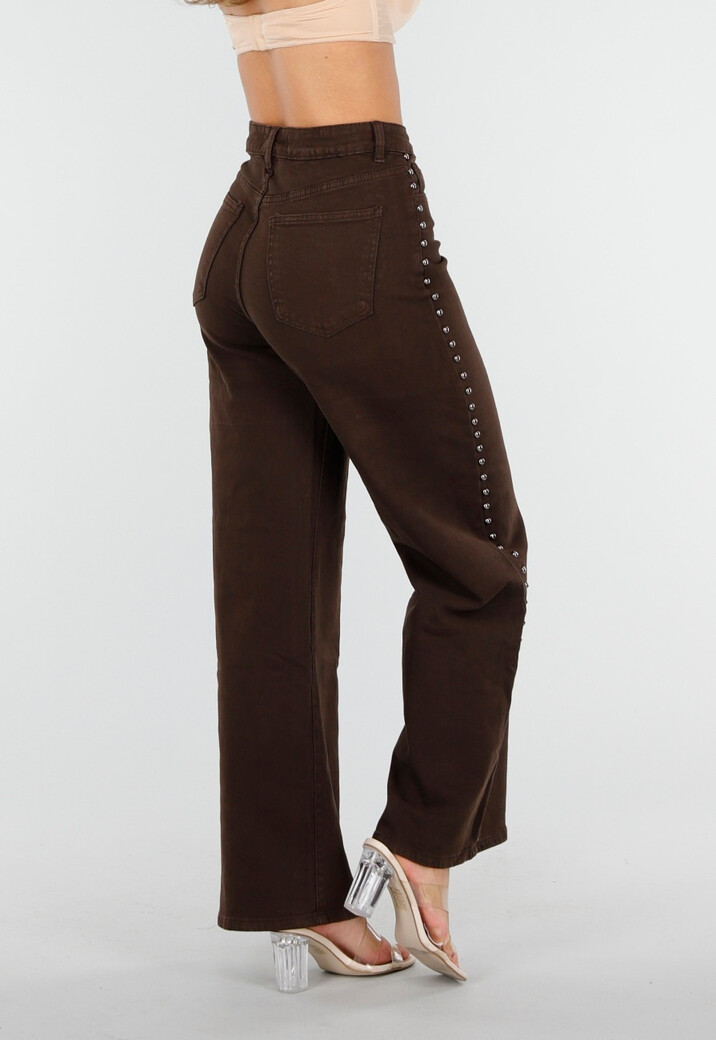 Donkerbruine High Waist Wide Leg Jeans met Zilveren Studs
