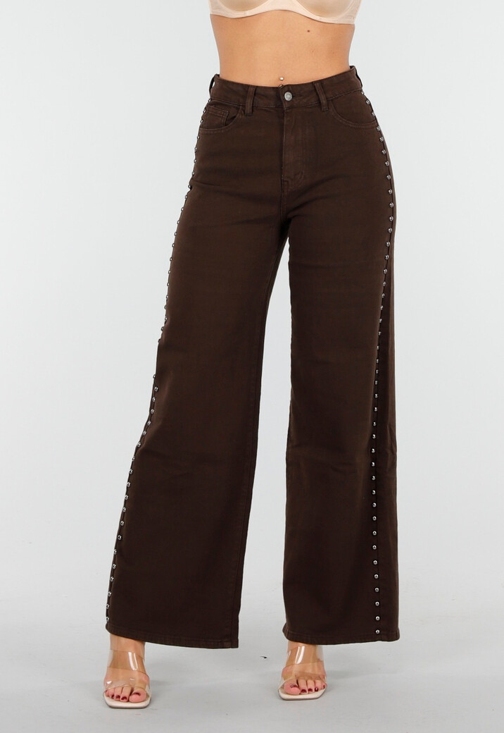Donkerbruine High Waist Wide Leg Jeans met Zilveren Studs