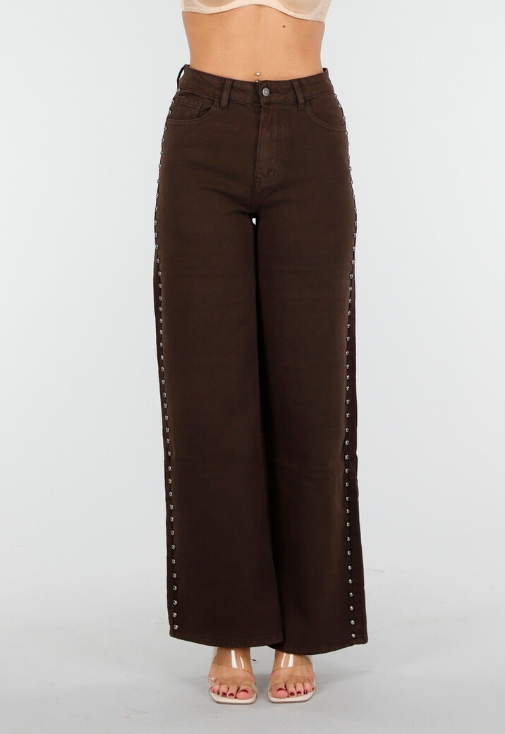 Donkerbruine High Waist Wide Leg Jeans met Zilveren Studs