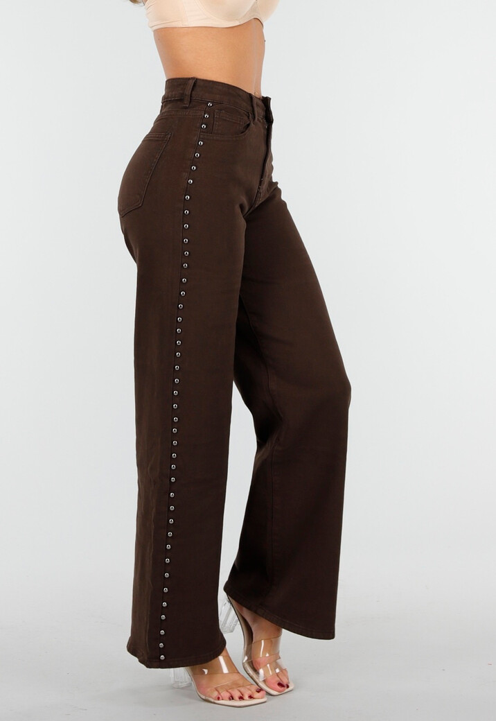 Donkerbruine High Waist Wide Leg Jeans met Zilveren Studs