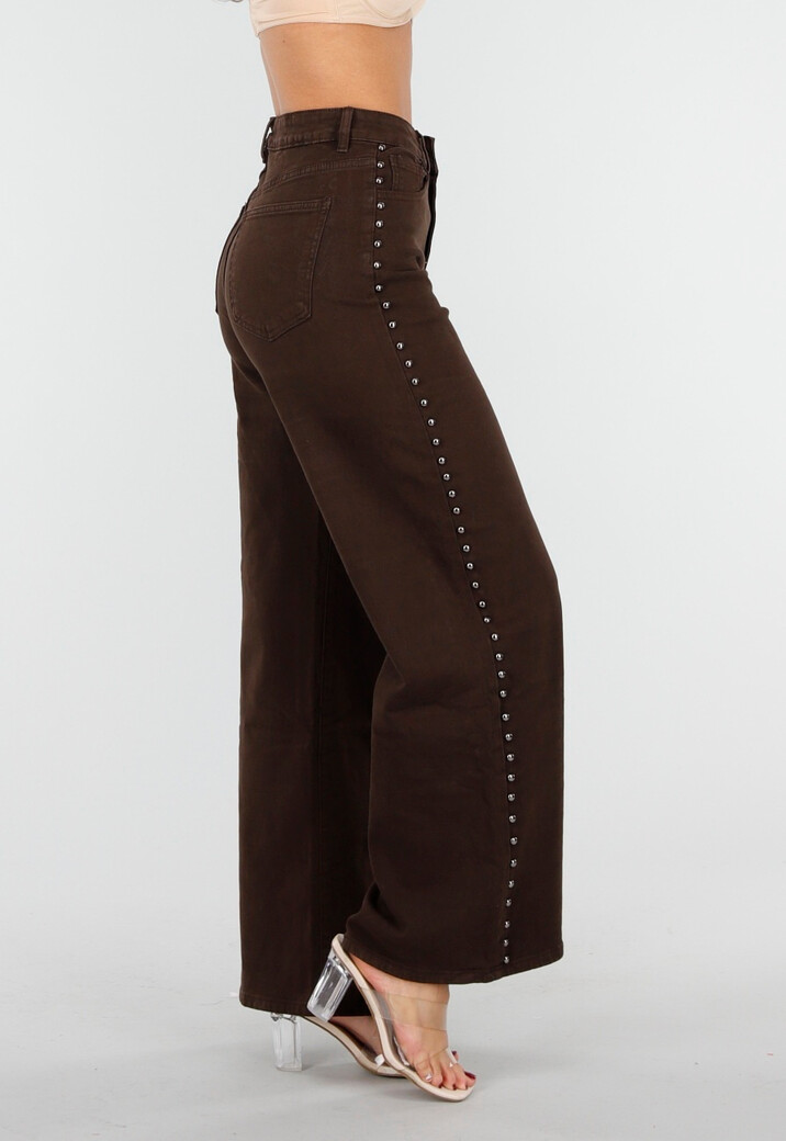 Donkerbruine High Waist Wide Leg Jeans met Zilveren Studs