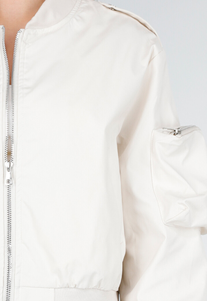 Beige Bomberjas met Rits en Cargo Zakken op de Mouwen