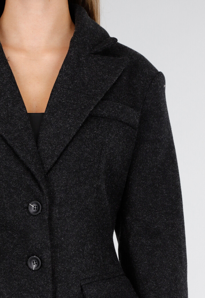Zwarte Manteljas met Revers en Knopen