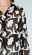 Zwarte Doorschijnende Blouse met Beige Bloemenborduursel en Lange Mouwen