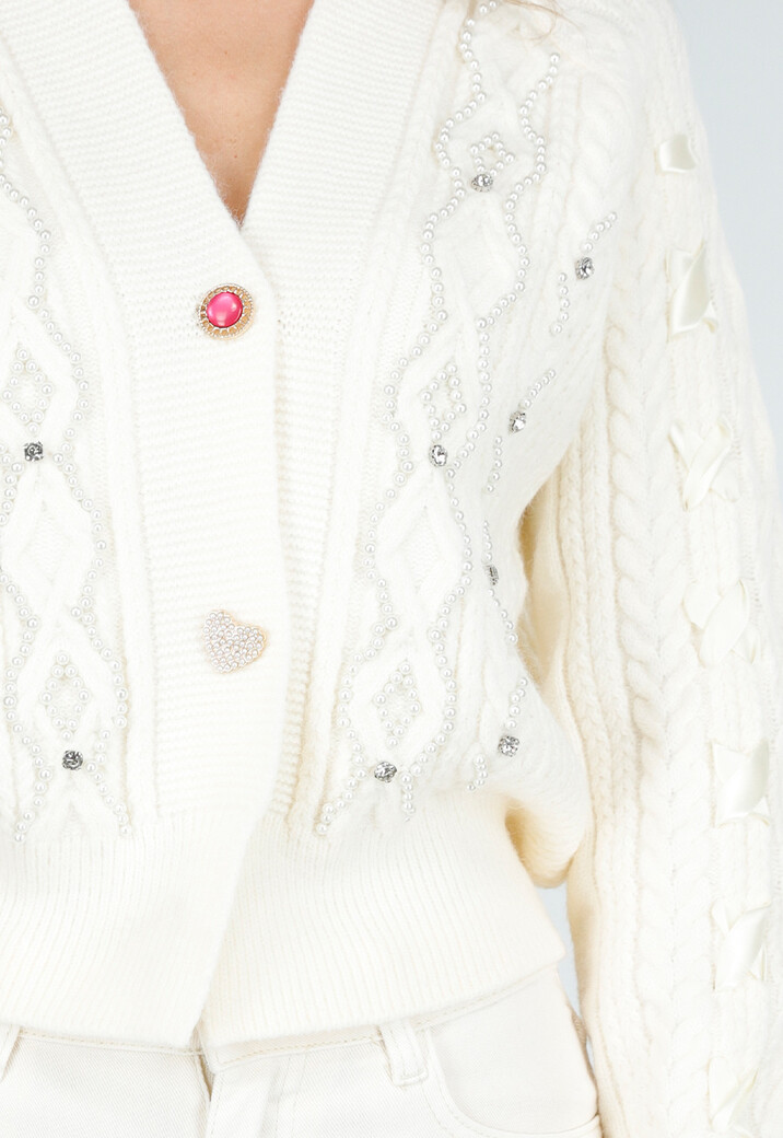 Crèmekleurig Gebreid Vest met Parel en Strikdetails