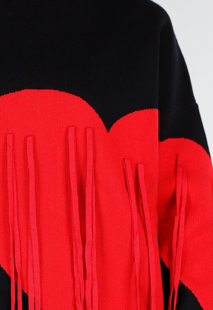 Zwarte Trui met Rode Hartprint en Franjes