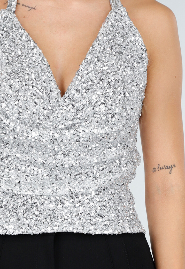 Zilveren Haltertop met Glitters en Open Rug