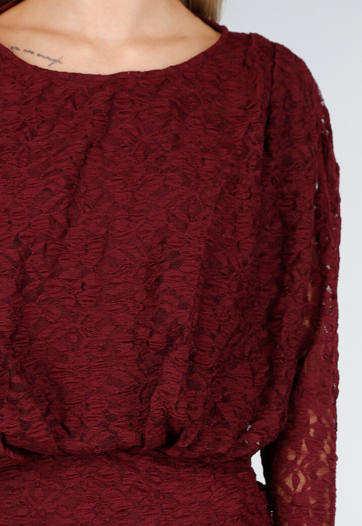 Bordeaux Kant Jurk met Lange Mouwen en Stretch