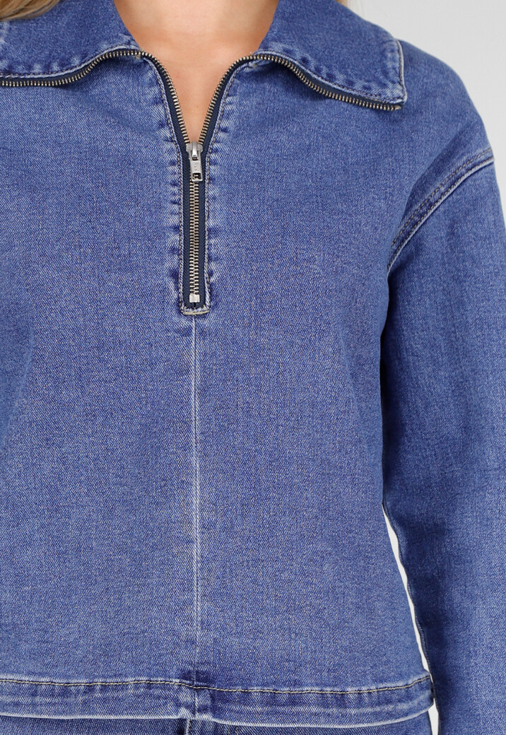 Denim Top met Halve Rits en Opstaande Kraag in Blauw