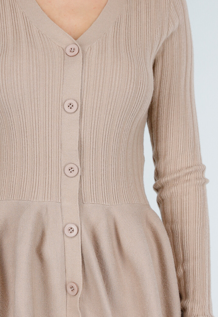 Beige Stretch Two-Piece Set met Flared Broek en Knopen Top