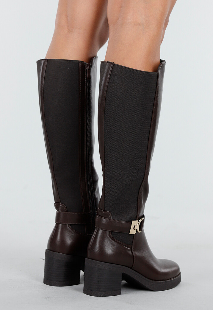 Kniehoge Laarzen in Donkerbruin met Hak en Rits