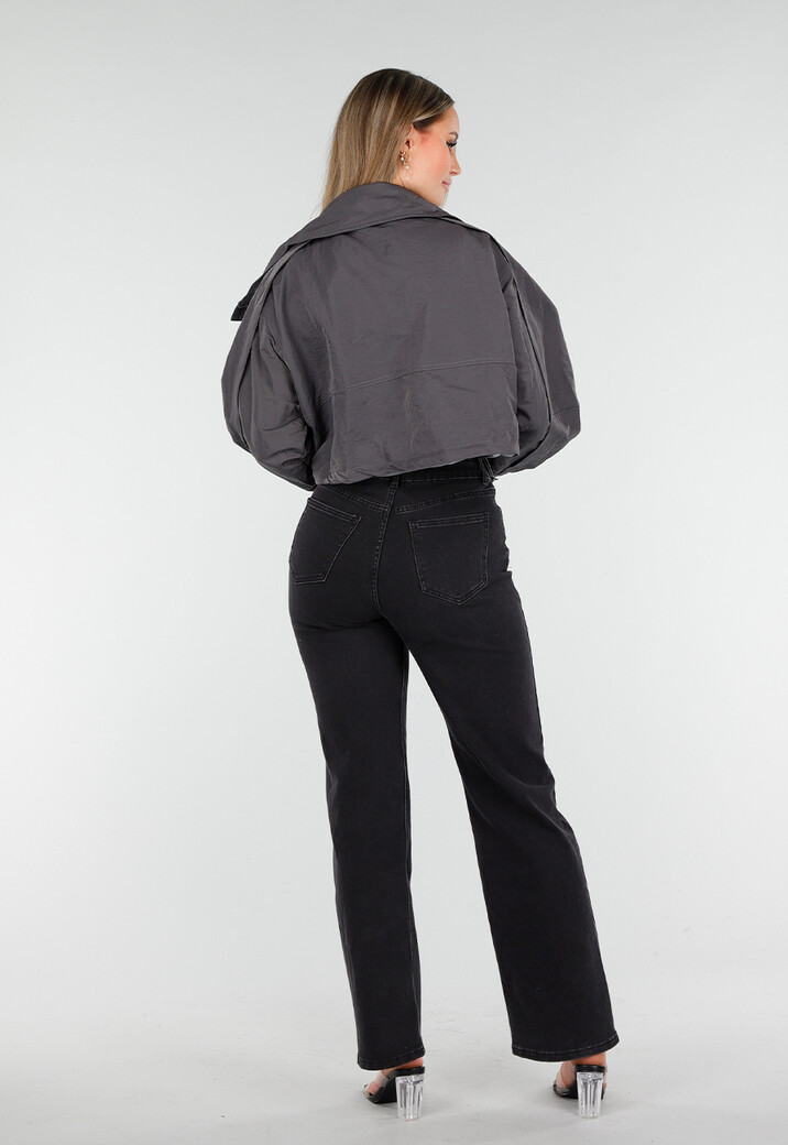 Donkergrijze Korte Jas met Rits en Drukknoopsluiting