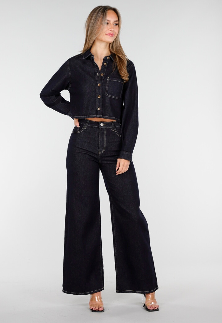 Cropped Denim Blouse in Donkerblauw Met Lange Mouwen