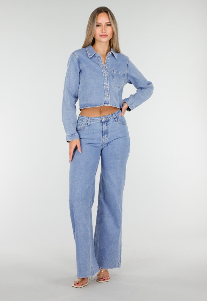 Cropped Denim Blouse in Lichtblauw Met Lange Mouwen