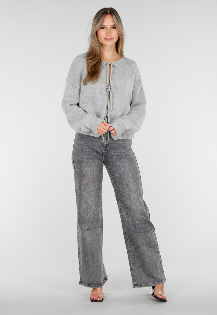 Grijze Wide Leg Jeans met Hoge Taille en Strass Details