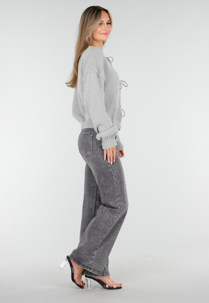 Grijze Wide Leg Jeans met Hoge Taille en Strass Details