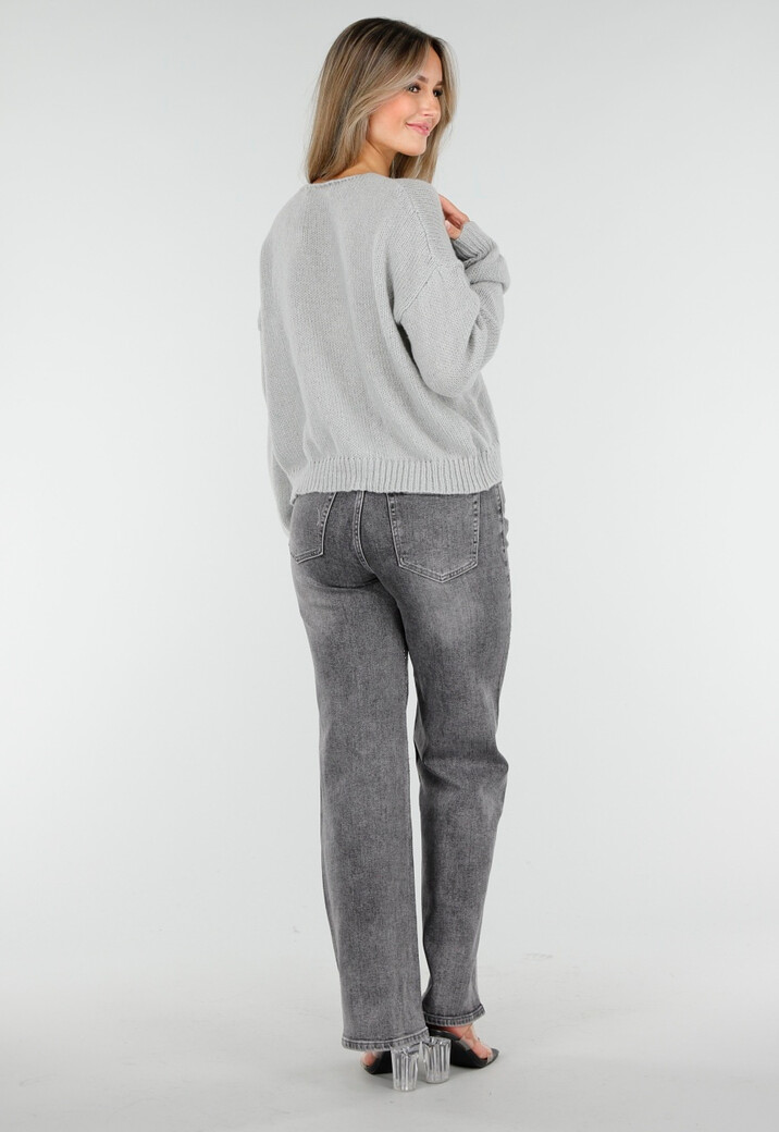 Grijze Wide Leg Jeans met Hoge Taille en Strass Details