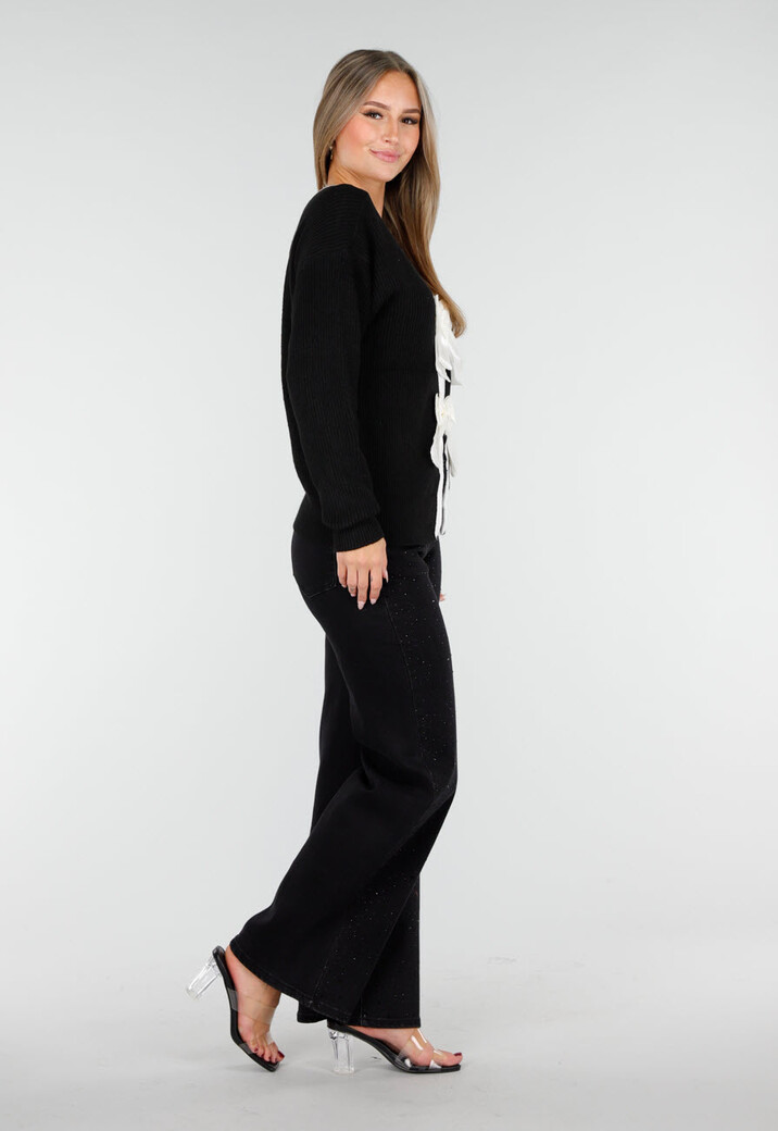 Zwarte Wide Leg Jeans met Hoge Taille en Strass Steentjes