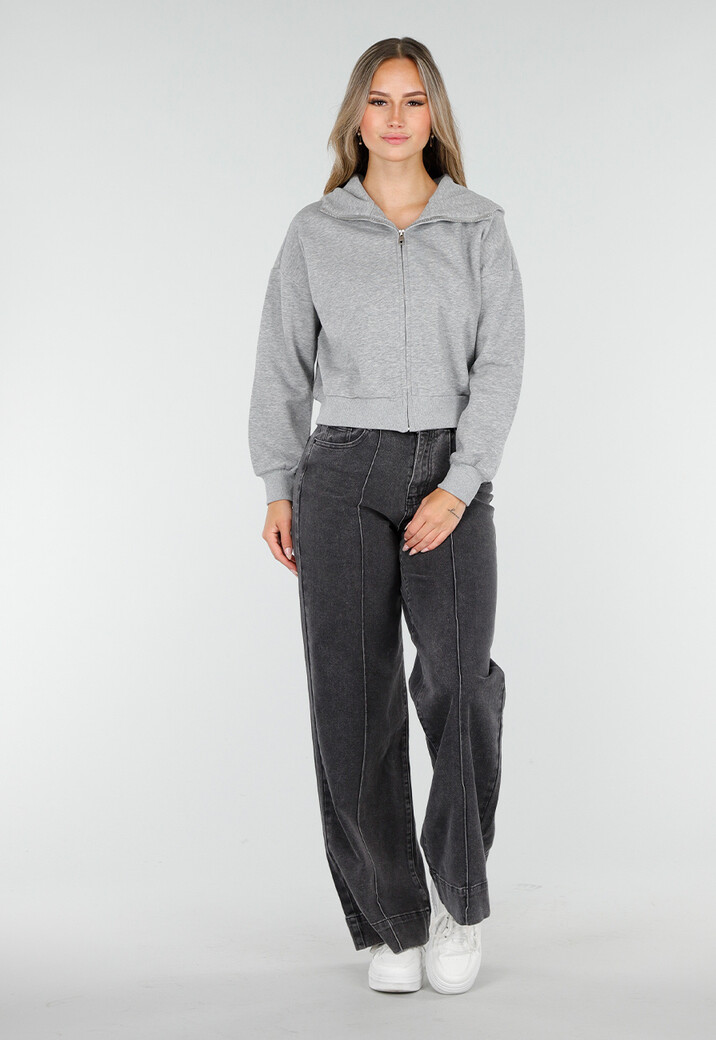 Grijze Wide Leg Jeans met Stretch en Verticale Naden