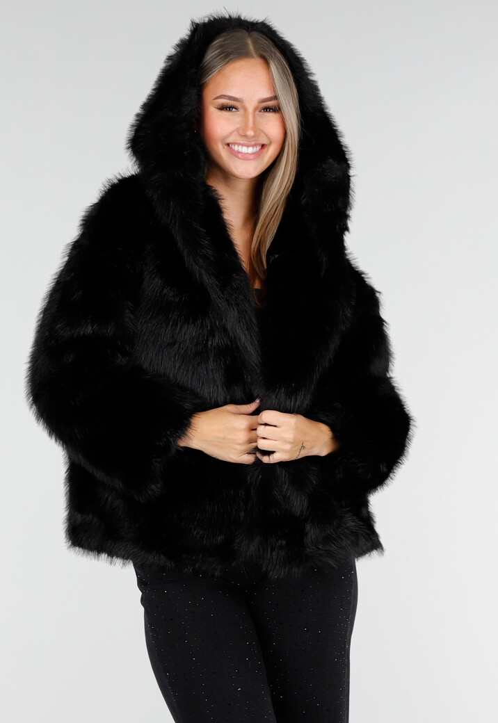 Zwarte Faux Fur Jas met Capuchon