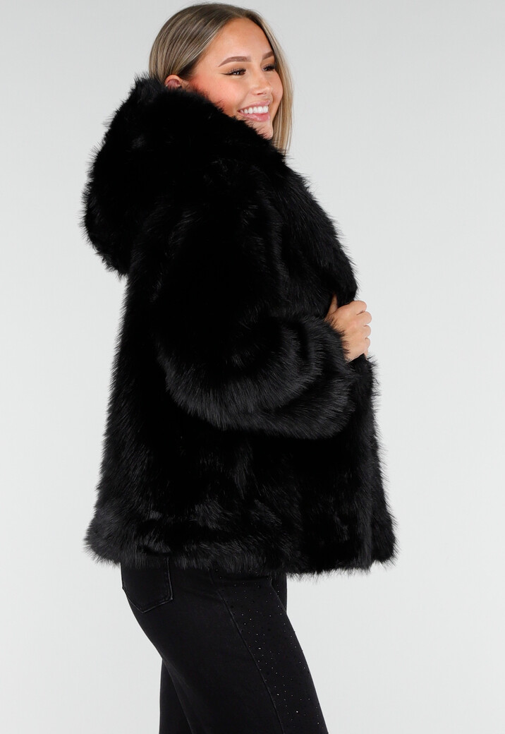 Zwarte Faux Fur Jas met Capuchon