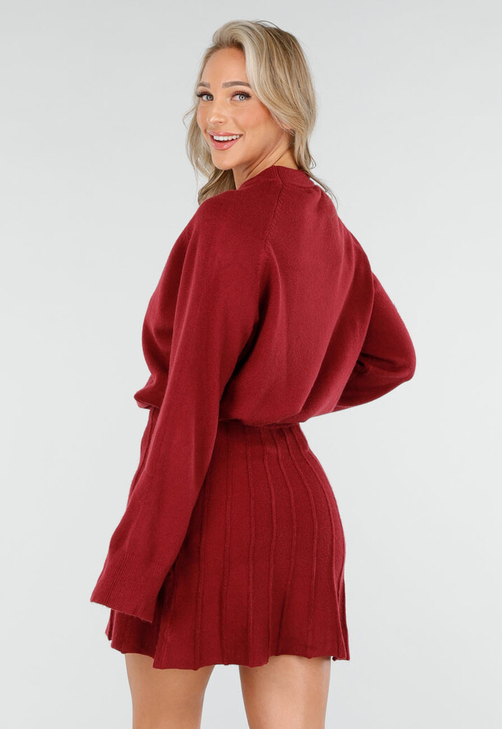 Bordeauxrode Gebreide 2-Piece Set met Trui en Rok