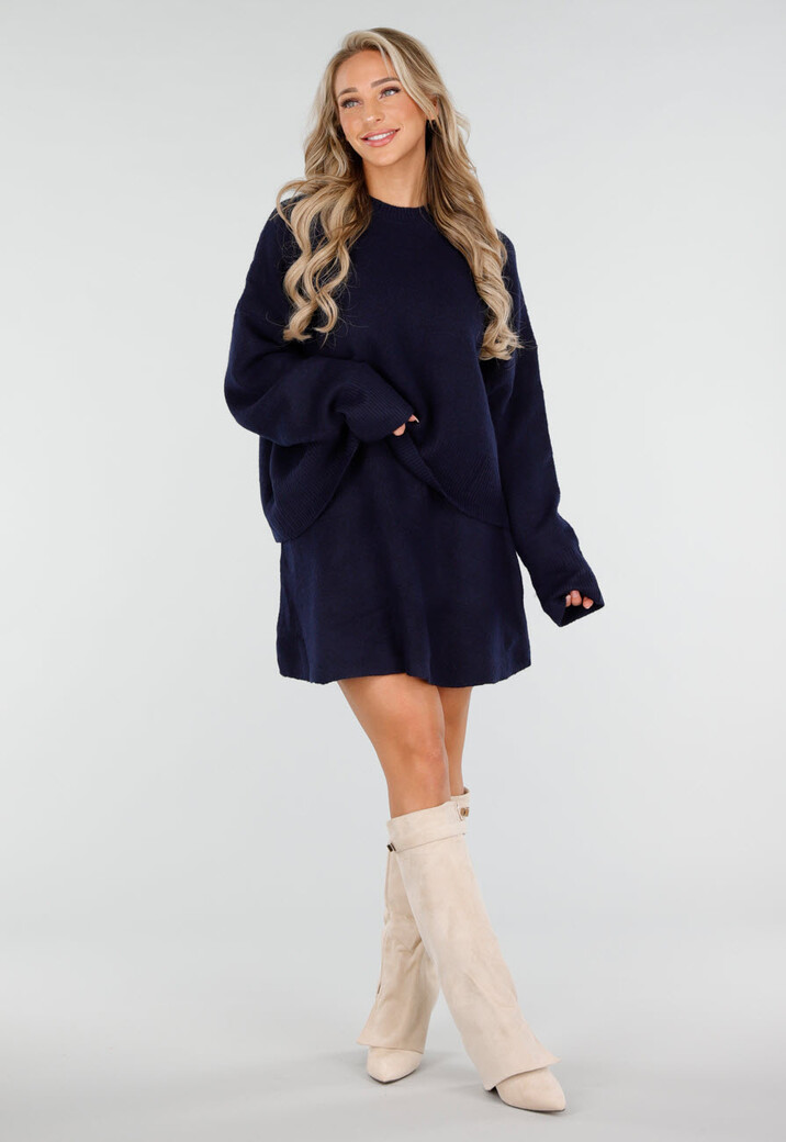 Donkerblauwe Gebreide 2-Piece Set met Trui en Rok