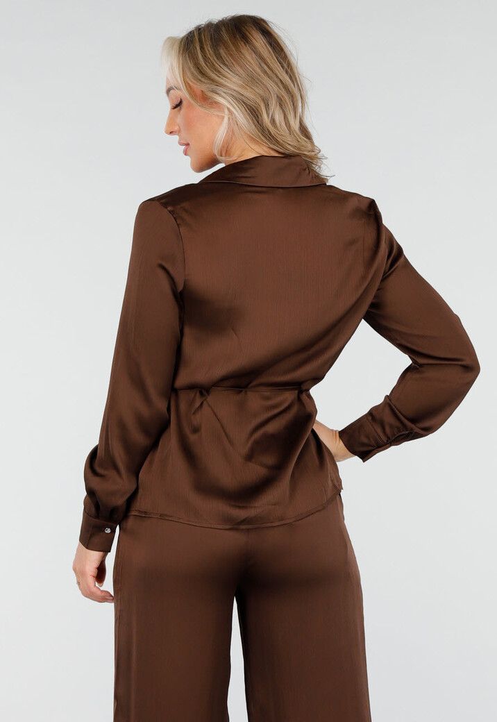 Bruine Satijnlook Set met Blouse en Wide Leg Broek