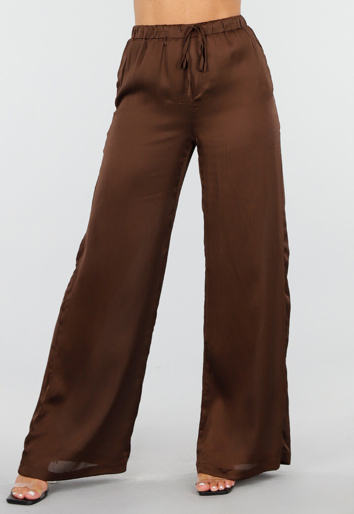 Bruine Satijnlook Set met Blouse en Wide Leg Broek