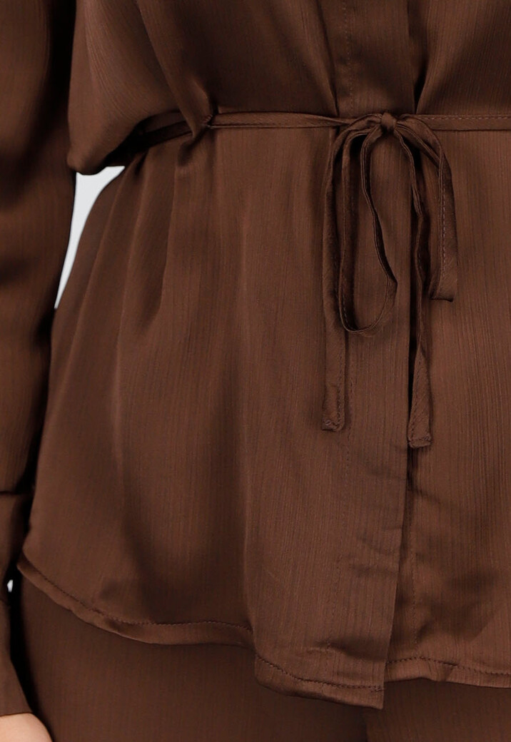 Bruine Satijnlook Set met Blouse en Wide Leg Broek