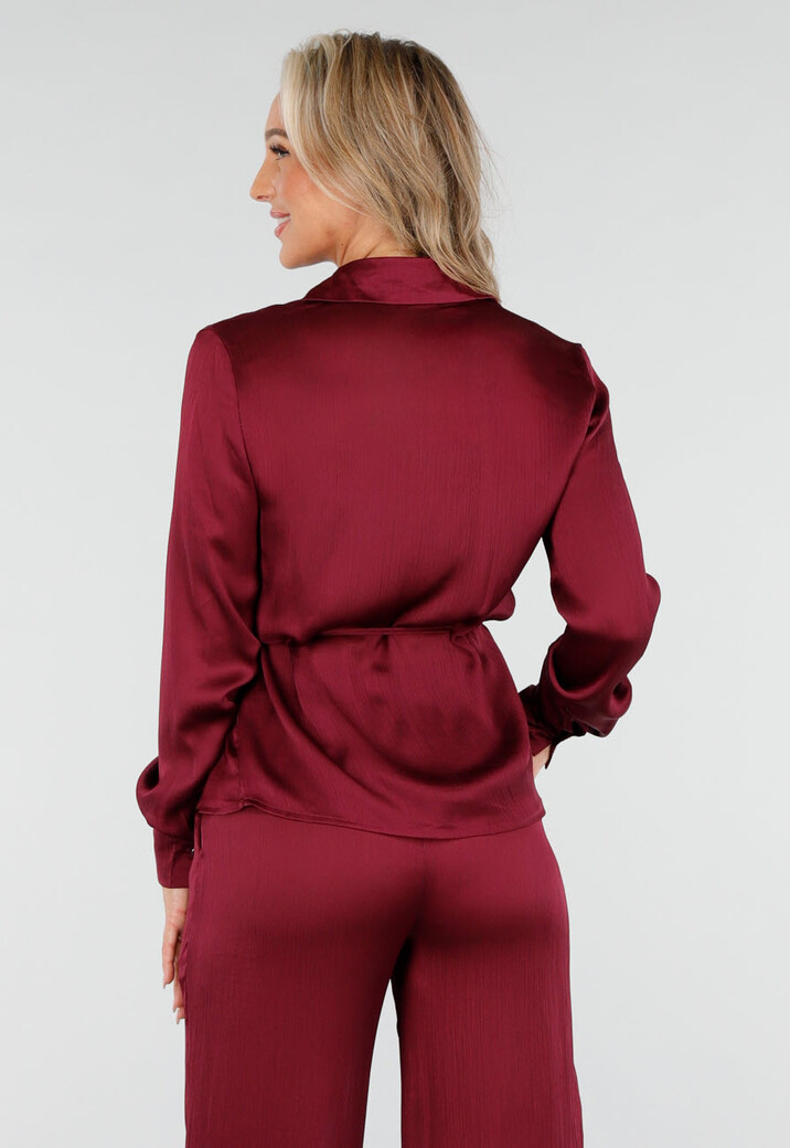 Bordeauxrode Satijnlook Set Met Blouse en Wide Leg Broek