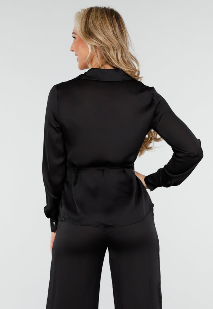 Zwarte Satijnlook Set Met Blouse en Wide Leg Broek