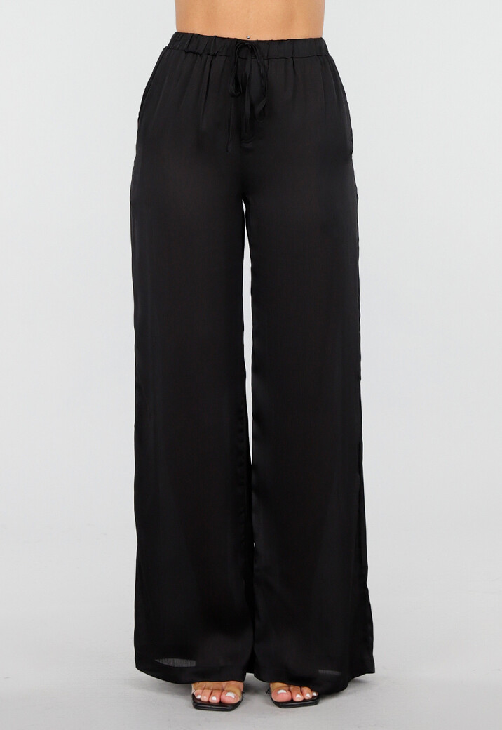 Zwarte Satijnlook Set Met Blouse en Wide Leg Broek