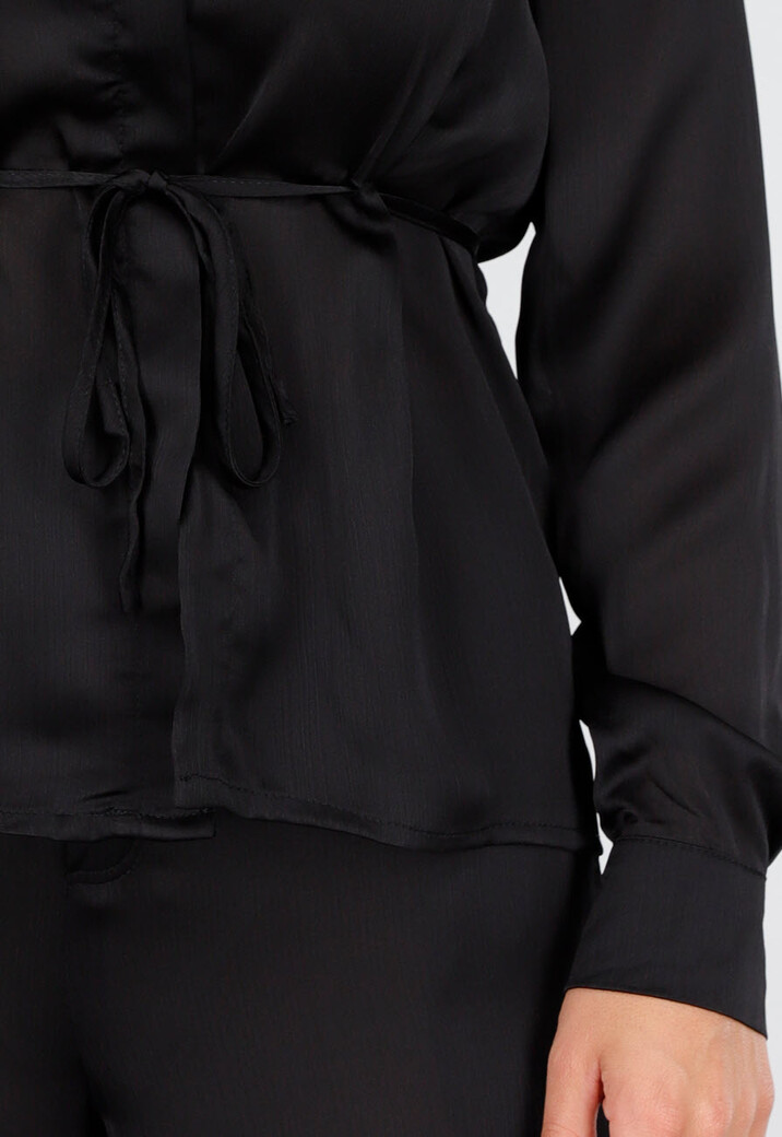 Zwarte Satijnlook Set Met Blouse en Wide Leg Broek