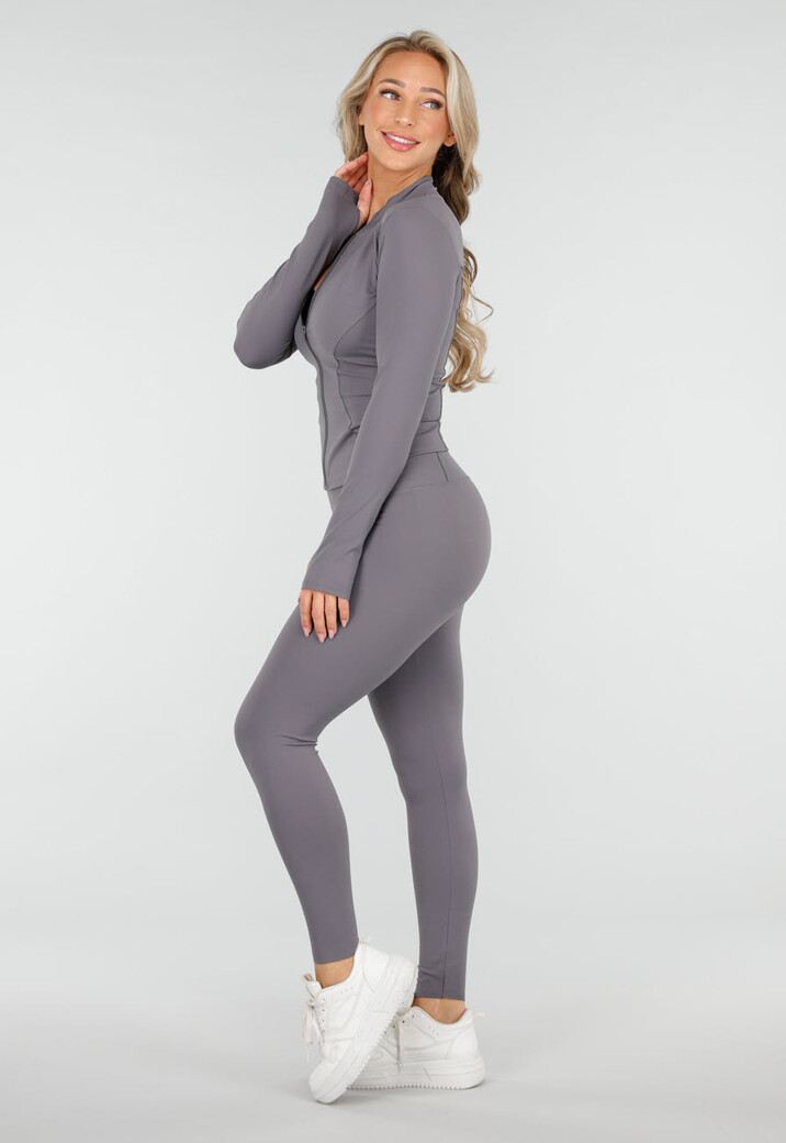 Grijze Stretch Sportset met Strakke Legging en Vestje