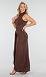 Lange Stretch Jurk in Donkerbruin met Hoge Split
