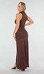 Lange Stretch Jurk in Donkerbruin met Hoge Split