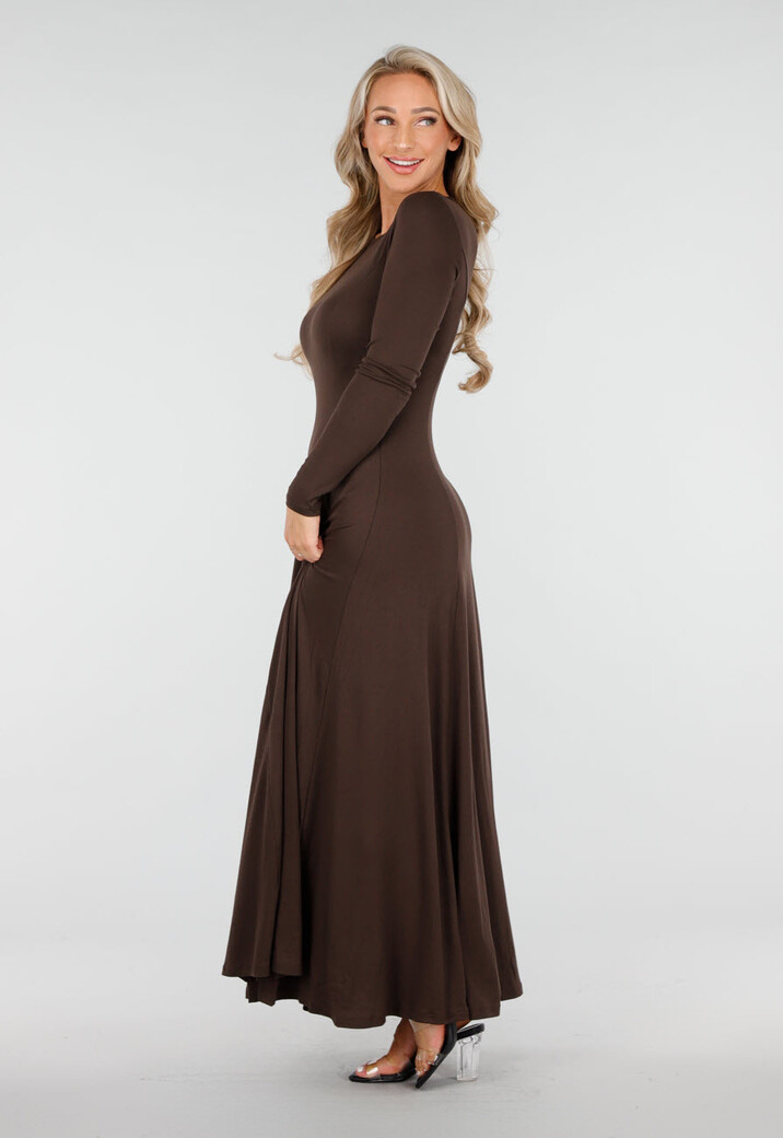 Donkerbruine Stretch Jurk met Lange Mouwen