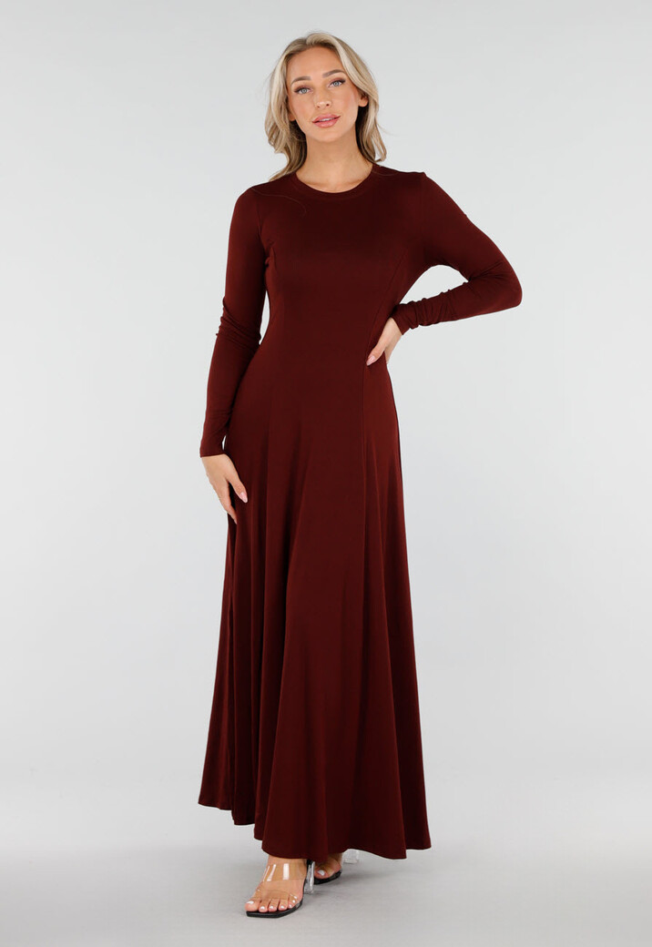 Bordeaux Rode Stretch Jurk met Lange Mouwen