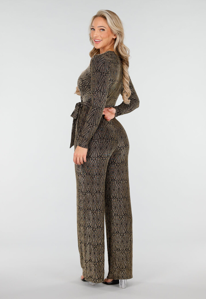 Jumpsuit met Ceintuur en Lange Mouwen in Goud met Glitterprint